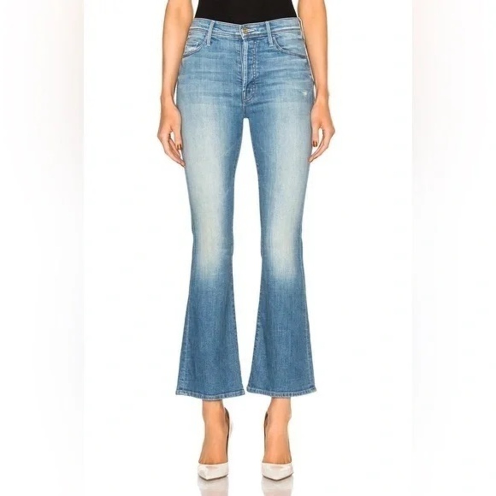 MOTHER high-rise flare distressed button fly “The Stunner Cruiser Ankle” Jeans
